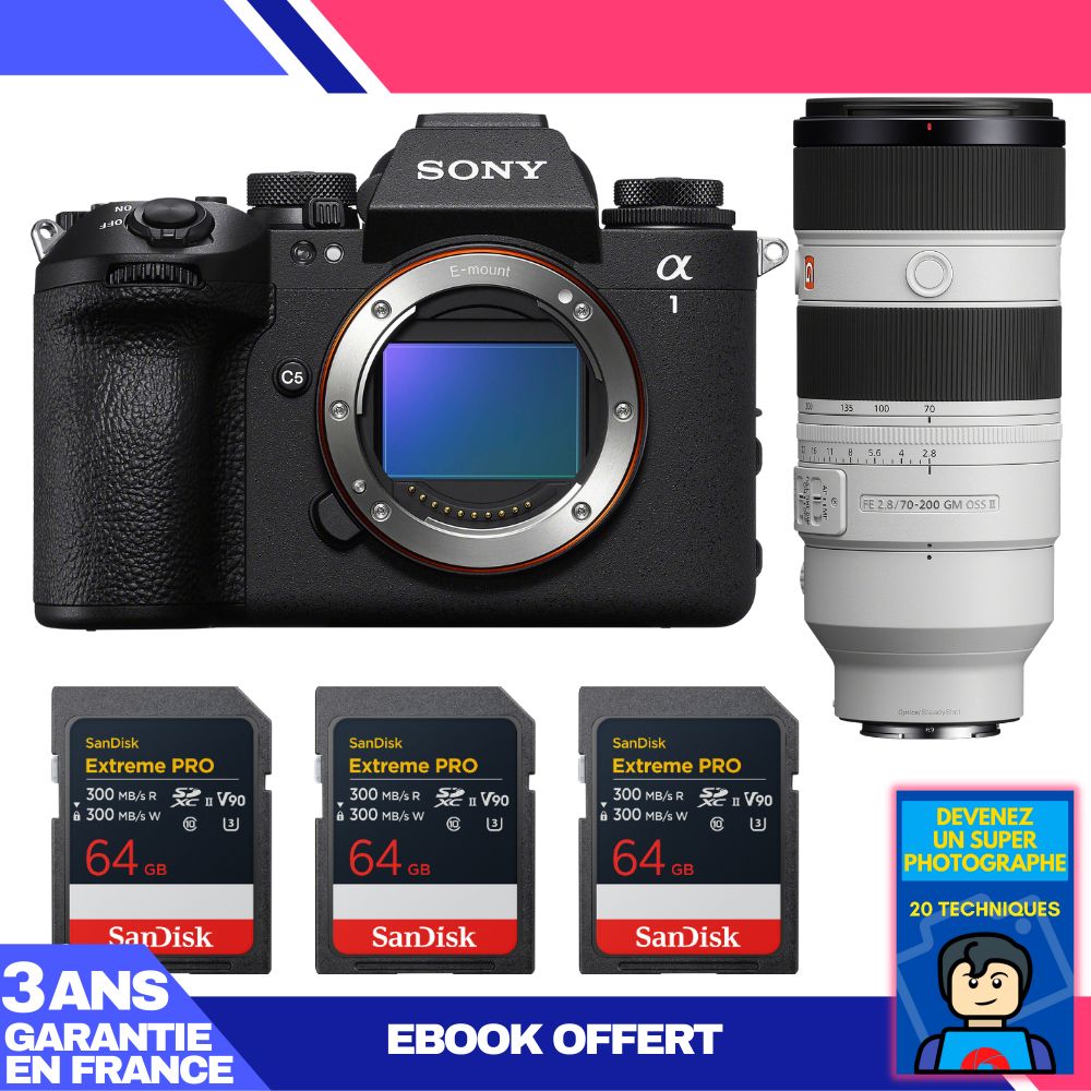 Boitier Sony alpha 1 II + FE 70 200mm f2.8 GM OSS II + 3 SanDisk Extreme PRO UHS II SDXC + Ebook 'Devenez Un Super Photographe