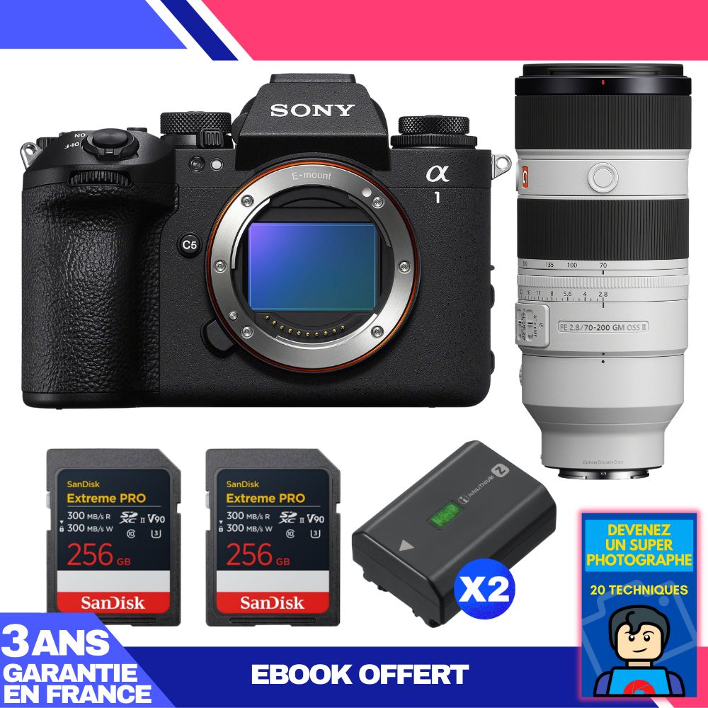 Boitier Sony alpha 1 II + FE 70 200mm f2.8 GM OSS II + 2 SanDisk Extreme PRO UHS II SDXC + 2 Sony NP FZ100 + Ebook 'Devenez Un Super Photographe