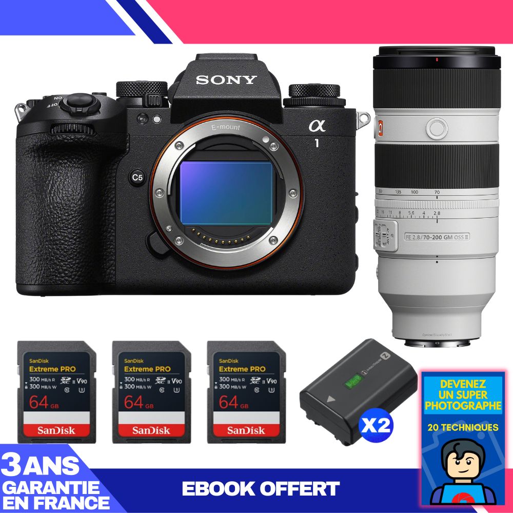 Boitier Sony alpha 1 II + FE 70 200mm f2.8 GM OSS II + 3 SanDisk Extreme PRO UHS II SDXC + 2 Sony NP FZ100 + Ebook 'Devenez Un Super Photographe - vue 3