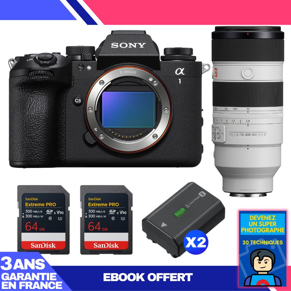 Boitier Sony alpha 1 II + FE 70 200mm f2.8 GM OSS II + 2 SanDisk Extreme PRO UHS II SDXC + 2 Sony NP FZ100 + Ebook 'Devenez Un Super Photographe - vue 3