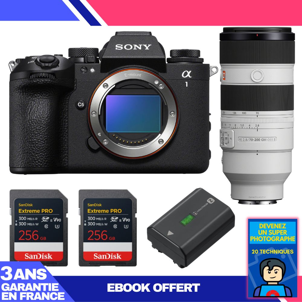 Boitier Sony alpha 1 II + FE 70 200mm f2.8 GM OSS II + 2 SanDisk Extreme PRO UHS II SDXC + Sony NP FZ100 + Ebook 'Devenez Un Super Photographe