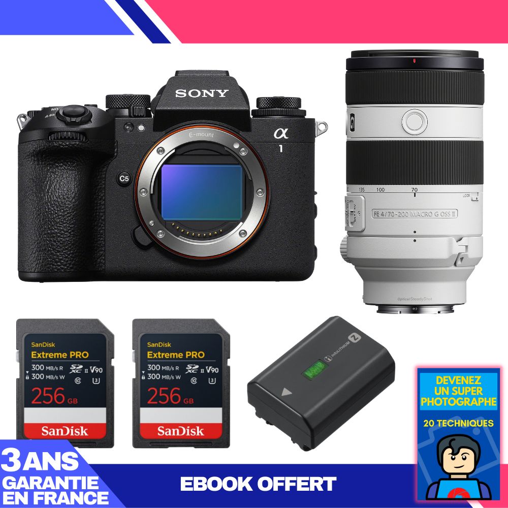 Boitier Sony alpha 1 II + FE 70 200mm f4 Macro G OSS II + 2 SanDisk Extreme PRO UHS II SDXC + Sony NP FZ100 + Ebook 'Devenez Un Super Photographe