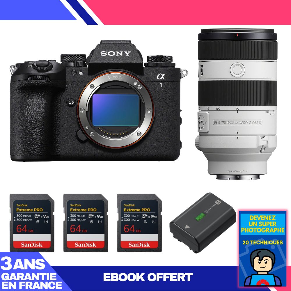 Boitier Sony alpha 1 II + FE 70 200mm f4 Macro G OSS II + 3 SanDisk Extreme PRO UHS II SDXC + Sony NP FZ100 + Ebook 'Devenez Un Super Photographe