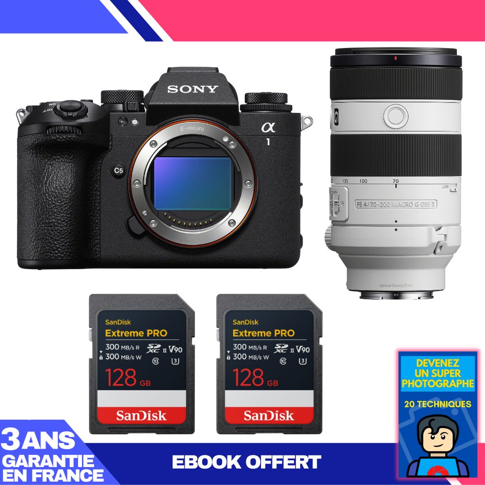Boitier Sony alpha 1 II + FE 70 200mm f4 Macro G OSS II + 2 SanDisk Extreme PRO UHS II SDXC + Ebook 'Devenez Un Super Photographe