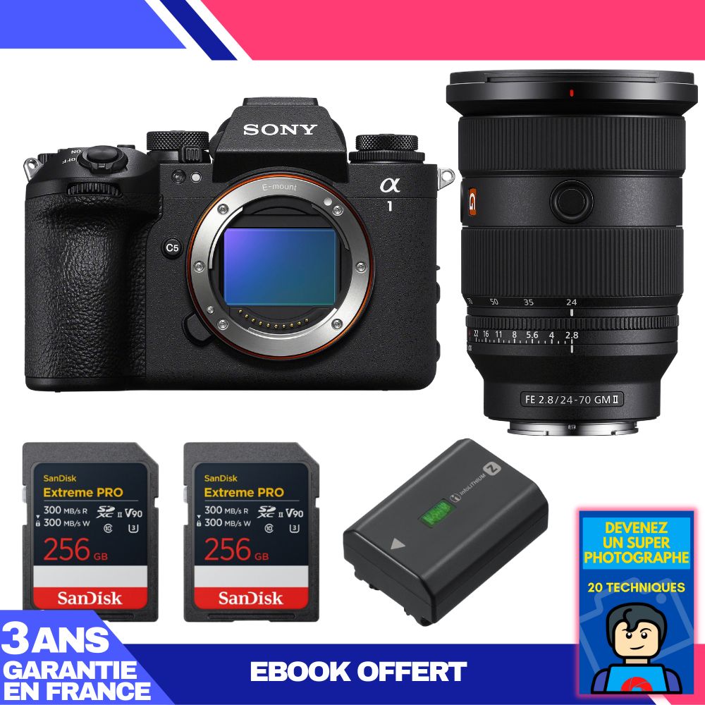 Boitier Sony alpha 1 II + FE 24 70mm f2.8 GM II + 2 SanDisk Extreme PRO UHS II SDXC + Sony NP FZ100 + Ebook 'Devenez Un Super Photographe - vue 2