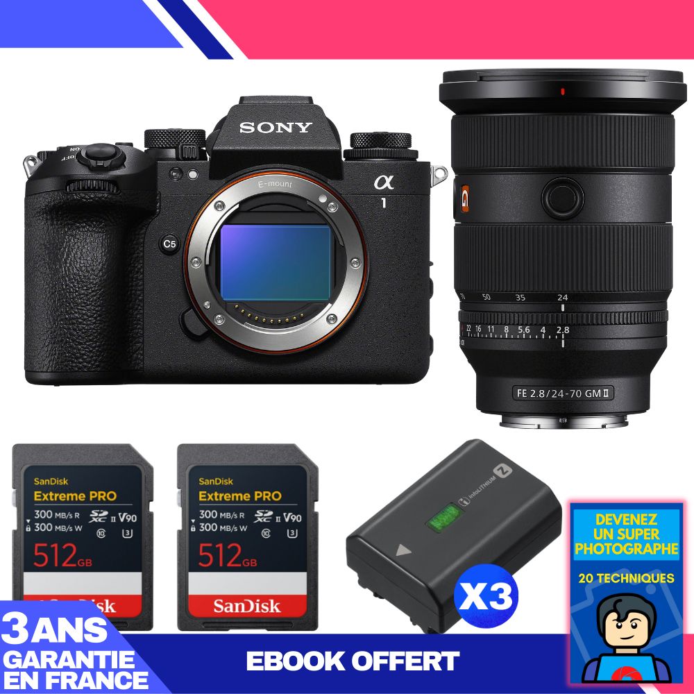 Boitier Sony alpha 1 II + FE 24 70mm f2.8 GM II + 2 SanDisk Extreme PRO UHS II SDXC + 3 Sony NP FZ100 + Ebook 'Devenez Un Super Photographe