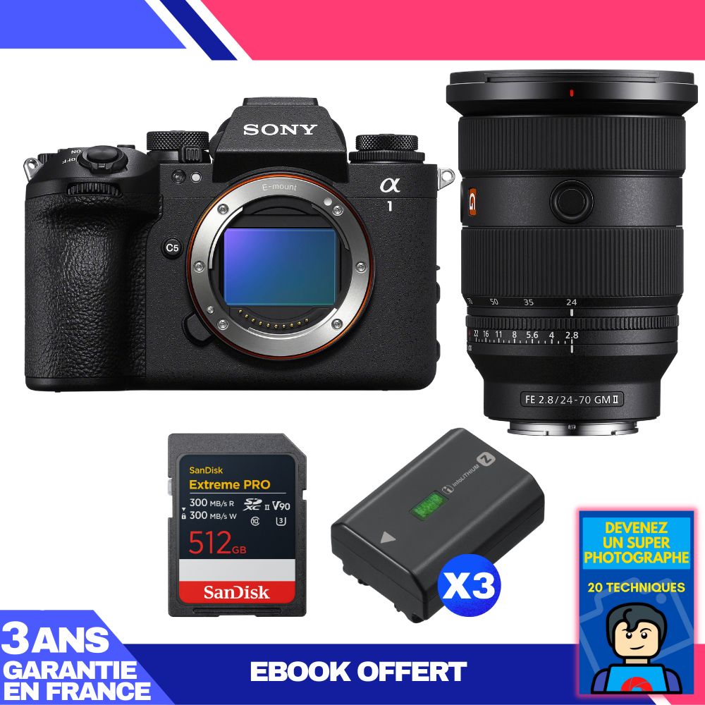 Boitier Sony alpha 1 II + FE 24 70mm f2.8 GM II + 1 SanDisk Extreme PRO UHS II SDXC + 3 Sony NP FZ100 + Ebook 'Devenez Un Super Photographe