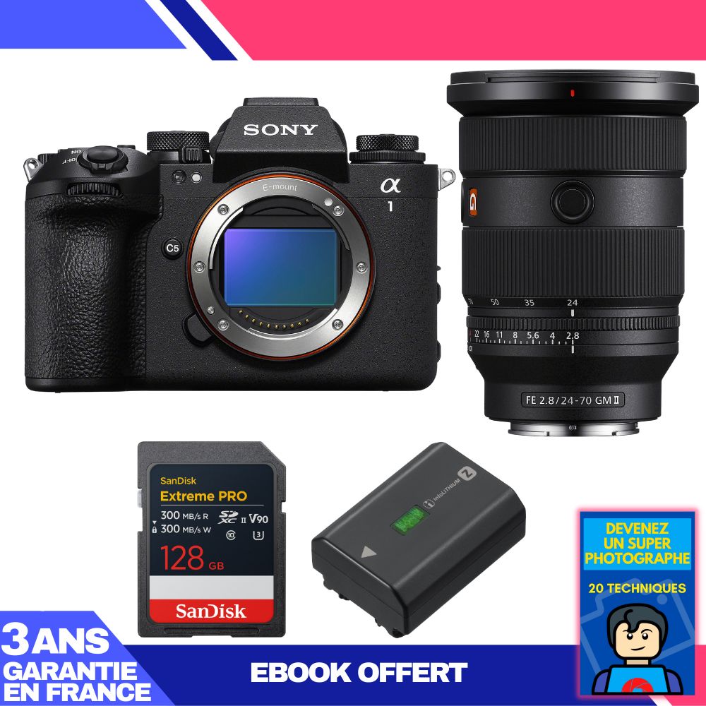 Boitier Sony alpha 1 II + FE 24 70mm f2.8 GM II + 1 SanDisk Extreme PRO UHS II SDXC + Sony NP FZ100 + Ebook 'Devenez Un Super Photographe
