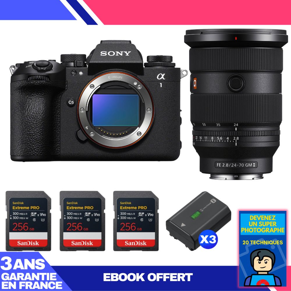 Boitier Sony alpha 1 II + FE 24 70mm f2.8 GM II + 3 SanDisk Extreme PRO UHS II SDXC + 3 Sony NP FZ100 + Ebook 'Devenez Un Super Photographe