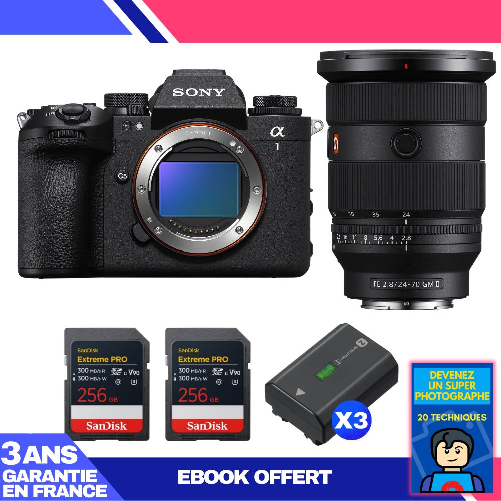 Boitier Sony alpha 1 II + FE 24 70mm f2.8 GM II + 2 SanDisk Extreme PRO UHS II SDXC + 3 Sony NP FZ100 + Ebook 'Devenez Un Super Photographe - vue 2