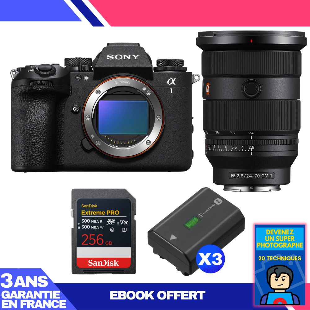 Boitier Sony alpha 1 II + FE 24 70mm f2.8 GM II + 1 SanDisk Extreme PRO UHS II SDXC + 3 Sony NP FZ100 + Ebook 'Devenez Un Super Photographe - vue 2