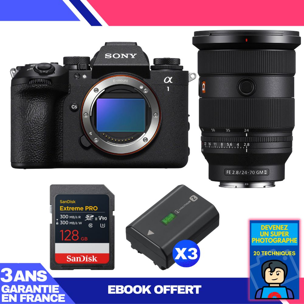 Boitier Sony alpha 1 II + FE 24 70mm f2.8 GM II + 1 SanDisk Extreme PRO UHS II SDXC + 3 Sony NP FZ100 + Ebook 'Devenez Un Super Photographe - vue 3