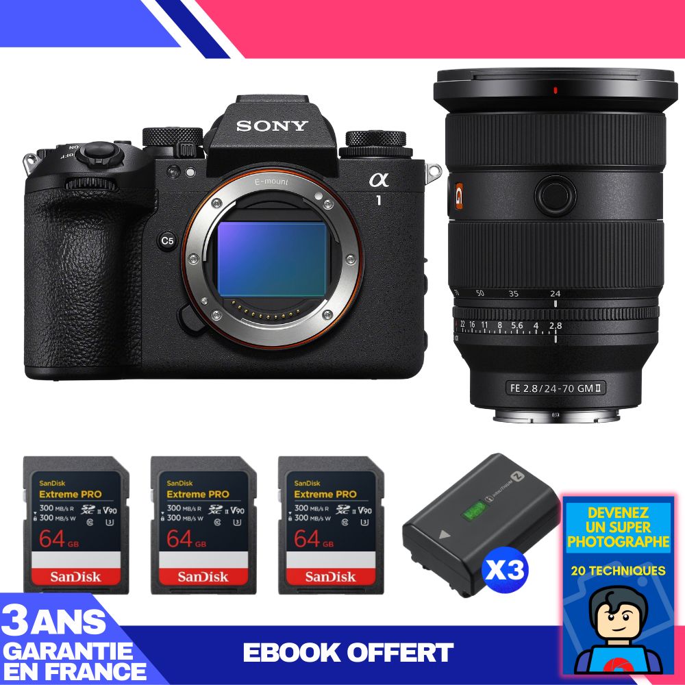 Boitier Sony alpha 1 II + FE 24 70mm f2.8 GM II + 3 SanDisk Extreme PRO UHS II SDXC + 3 Sony NP FZ100 + Ebook 'Devenez Un Super Photographe - vue 3