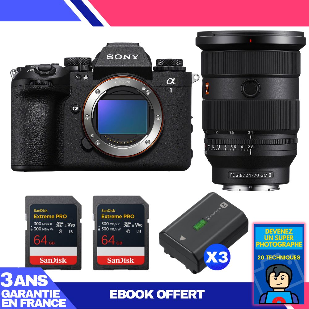 Boitier Sony alpha 1 II + FE 24 70mm f2.8 GM II + 2 SanDisk Extreme PRO UHS II SDXC + 3 Sony NP FZ100 + Ebook 'Devenez Un Super Photographe - vue 3