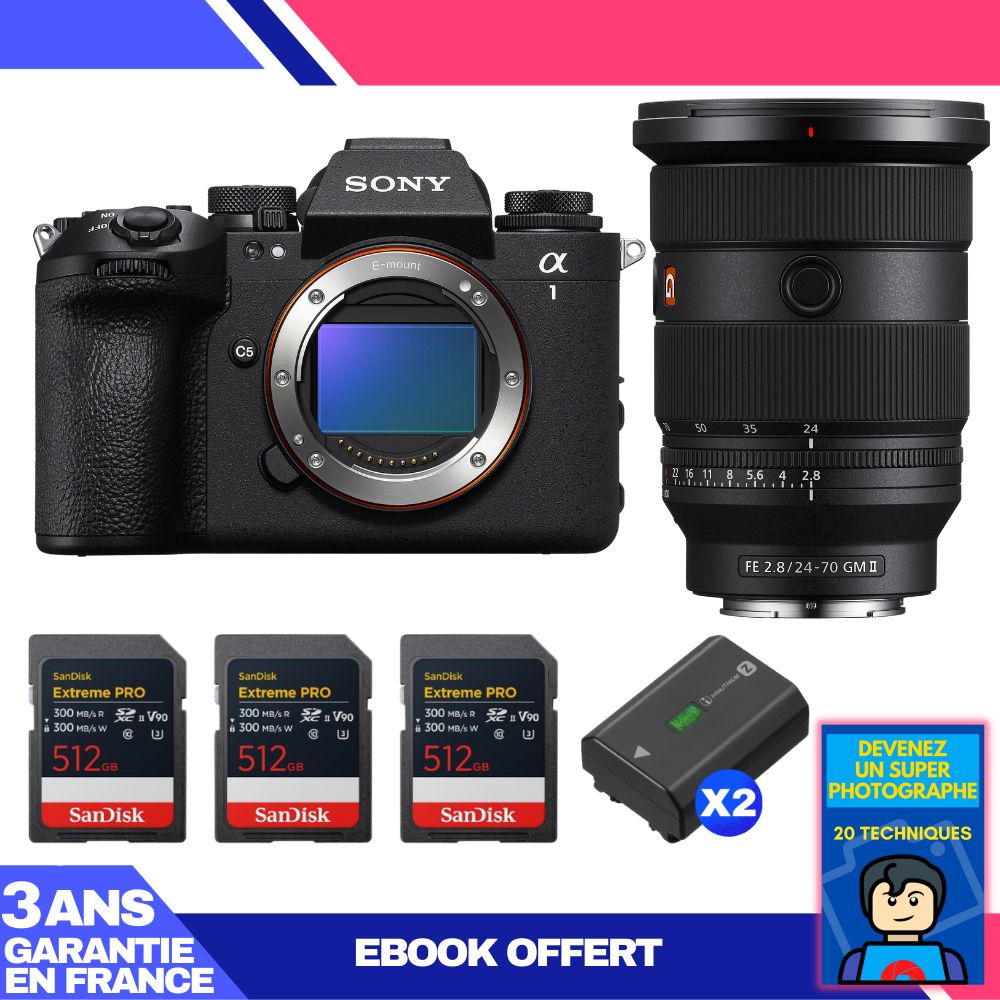 Boitier Sony alpha 1 II + FE 24 70mm f2.8 GM II + 3 SanDisk Extreme PRO UHS II SDXC + 2 Sony NP FZ100 + Ebook 'Devenez Un Super Photographe - vue 2