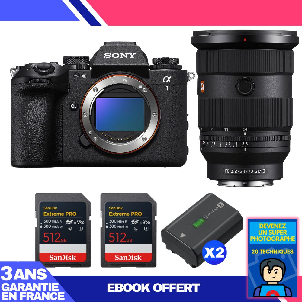 Boitier Sony alpha 1 II + FE 24 70mm f2.8 GM II + 2 SanDisk Extreme PRO UHS II SDXC + 2 Sony NP FZ100 + Ebook 'Devenez Un Super Photographe - vue 3