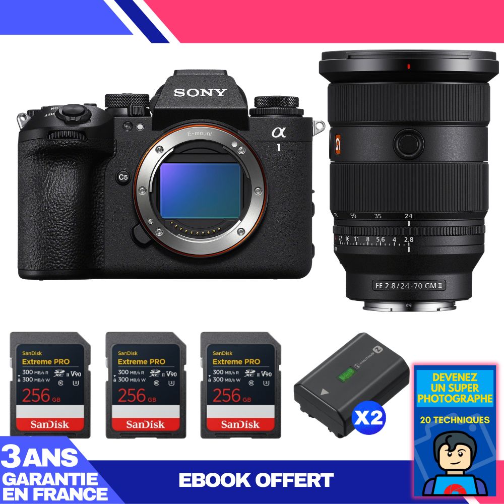 Boitier Sony alpha 1 II + FE 24 70mm f2.8 GM II + 3 SanDisk Extreme PRO UHS II SDXC + 2 Sony NP FZ100 + Ebook 'Devenez Un Super Photographe