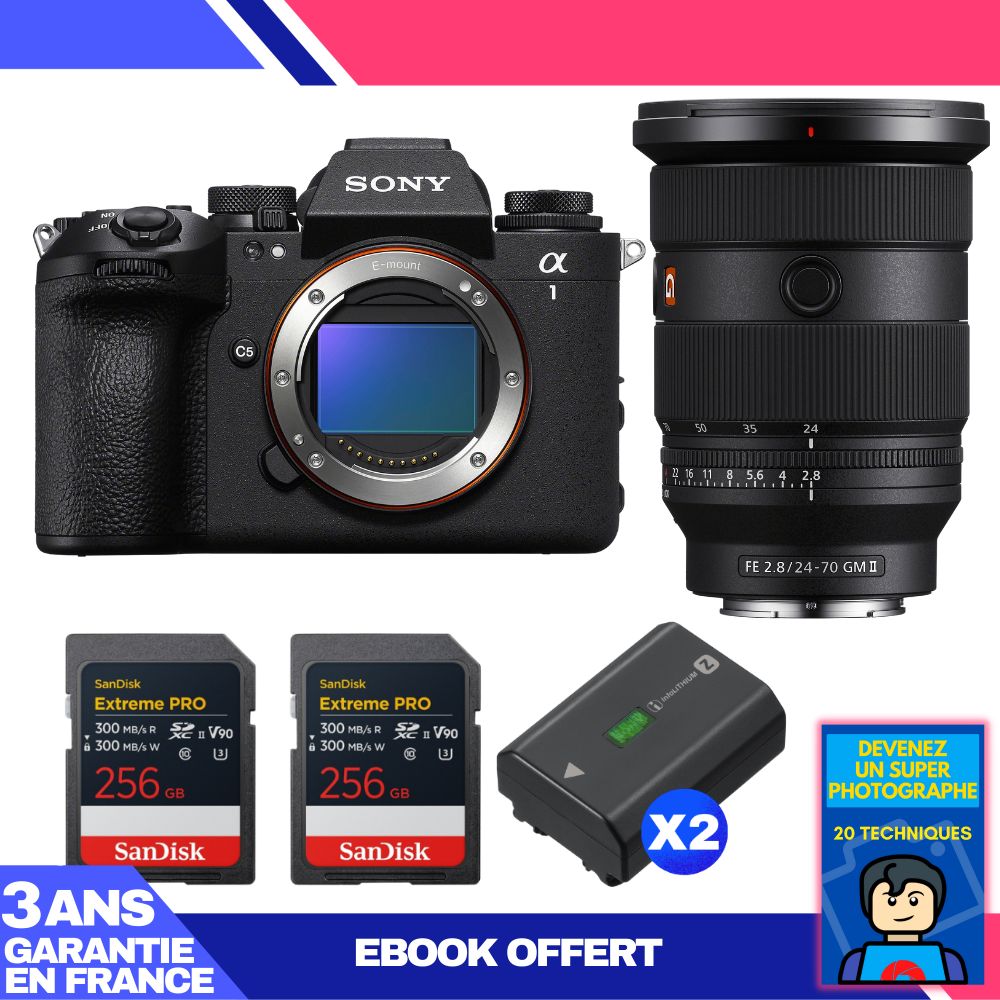 Boitier Sony alpha 1 II + FE 24 70mm f2.8 GM II + 2 SanDisk Extreme PRO UHS II SDXC + 2 Sony NP FZ100 + Ebook 'Devenez Un Super Photographe