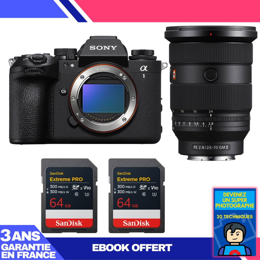 Boitier Sony alpha 1 II + FE 24 70mm f2.8 GM II + 2 SanDisk Extreme PRO UHS II SDXC + Ebook 'Devenez Un Super Photographe