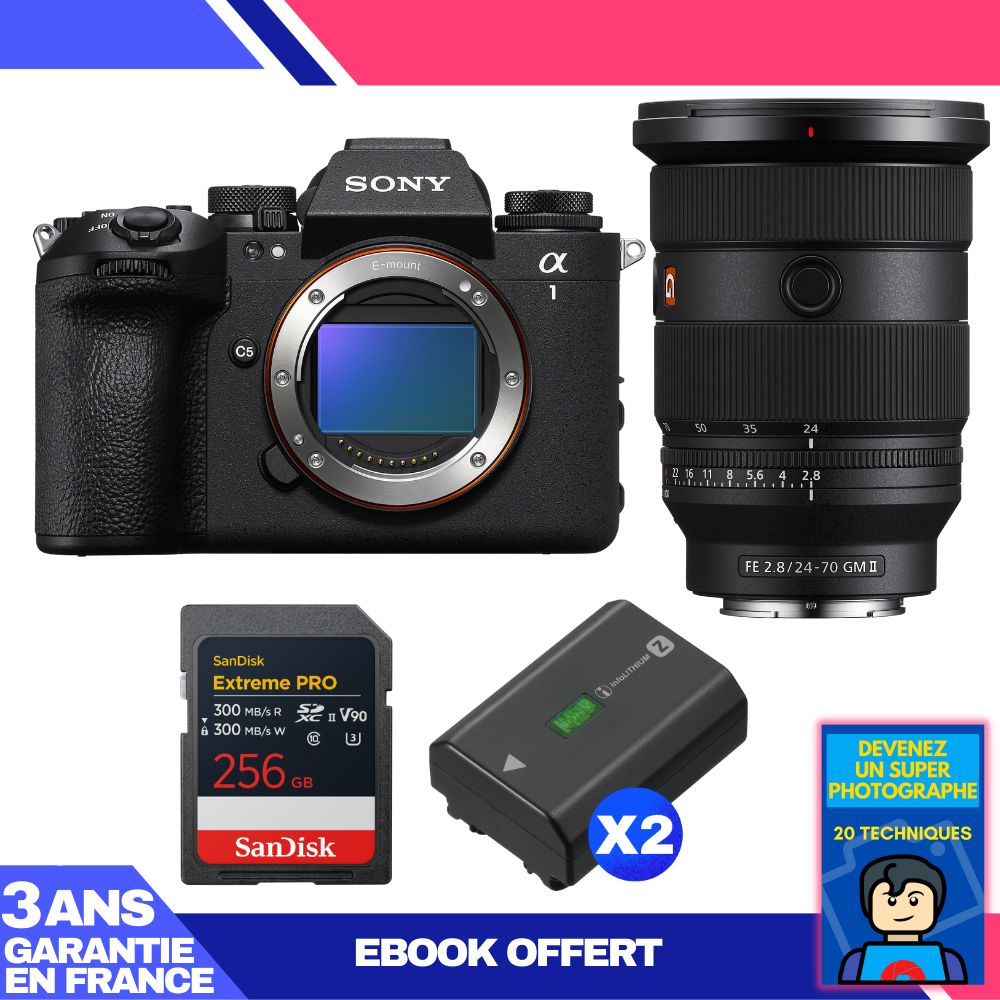 Boitier Sony alpha 1 II + FE 24 70mm f2.8 GM II + 1 SanDisk Extreme PRO UHS II SDXC + 2 Sony NP FZ100 + Ebook 'Devenez Un Super Photographe