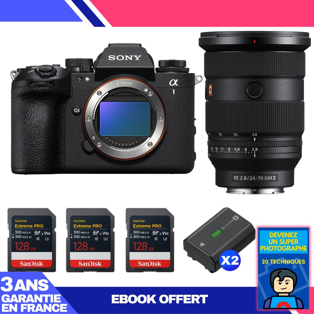 Boitier Sony alpha 1 II + FE 24 70mm f2.8 GM II + 3 SanDisk Extreme PRO UHS II SDXC + 2 Sony NP FZ100 + Ebook 'Devenez Un Super Photographe - vue 3