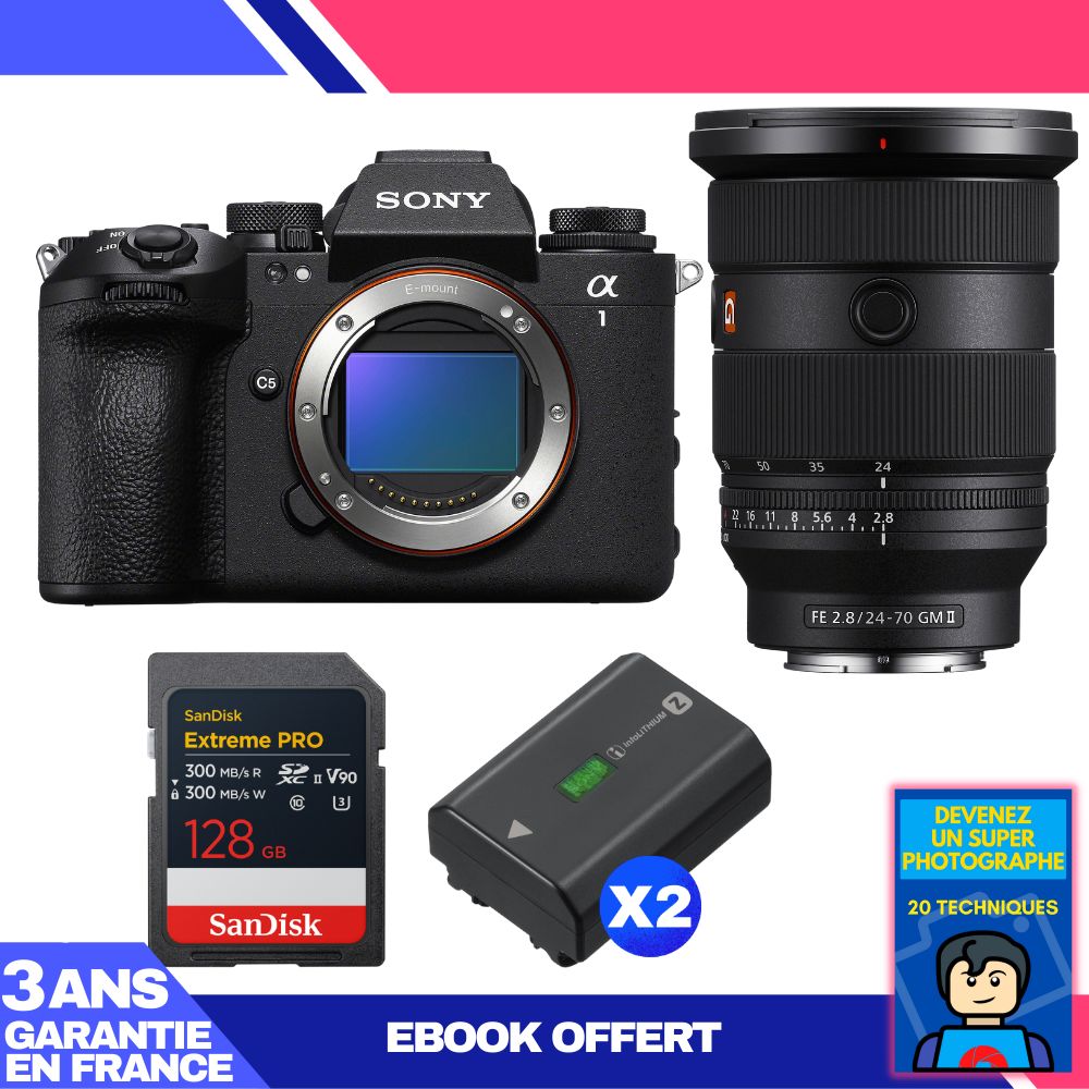 Boitier Sony alpha 1 II + FE 24 70mm f2.8 GM II + 1 SanDisk Extreme PRO UHS II SDXC + 2 Sony NP FZ100 + Ebook 'Devenez Un Super Photographe - vue 2