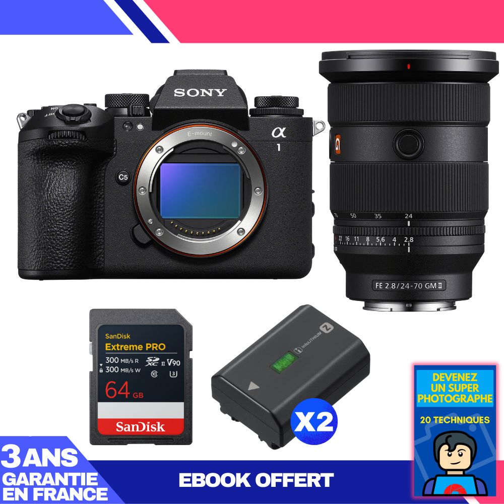 Boitier Sony alpha 1 II + FE 24 70mm f2.8 GM II + 1 SanDisk Extreme PRO UHS II SDXC + 2 Sony NP FZ100 + Ebook 'Devenez Un Super Photographe - vue 3