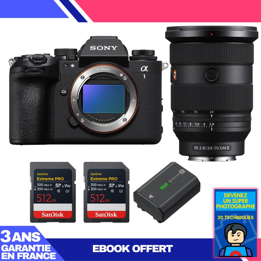 Boitier Sony alpha 1 II + FE 24 70mm f2.8 GM II + 2 SanDisk Extreme PRO UHS II SDXC + Sony NP FZ100 + Ebook 'Devenez Un Super Photographe
