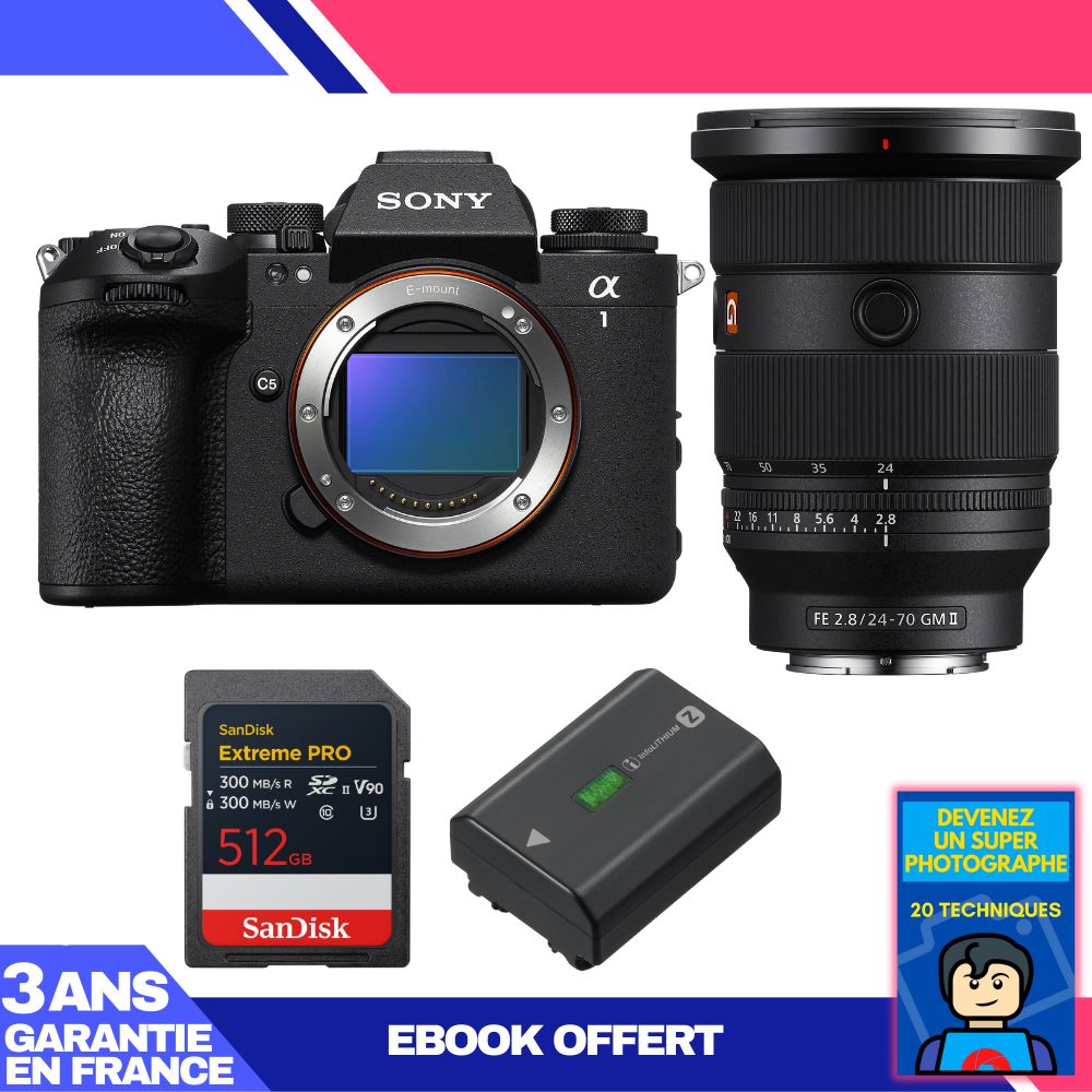 Boitier Sony alpha 1 II + FE 24 70mm f2.8 GM II + 1 SanDisk Extreme PRO UHS II SDXC + Sony NP FZ100 + Ebook 'Devenez Un Super Photographe - vue 3
