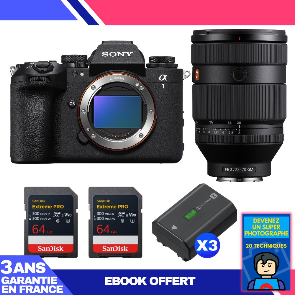Boitier Sony alpha 1 II + FE 28 70mm f2 GM + 2 SanDisk Extreme PRO UHS II SDXC + 3 Sony NP FZ100 + Ebook 'Devenez Un Super Photographe