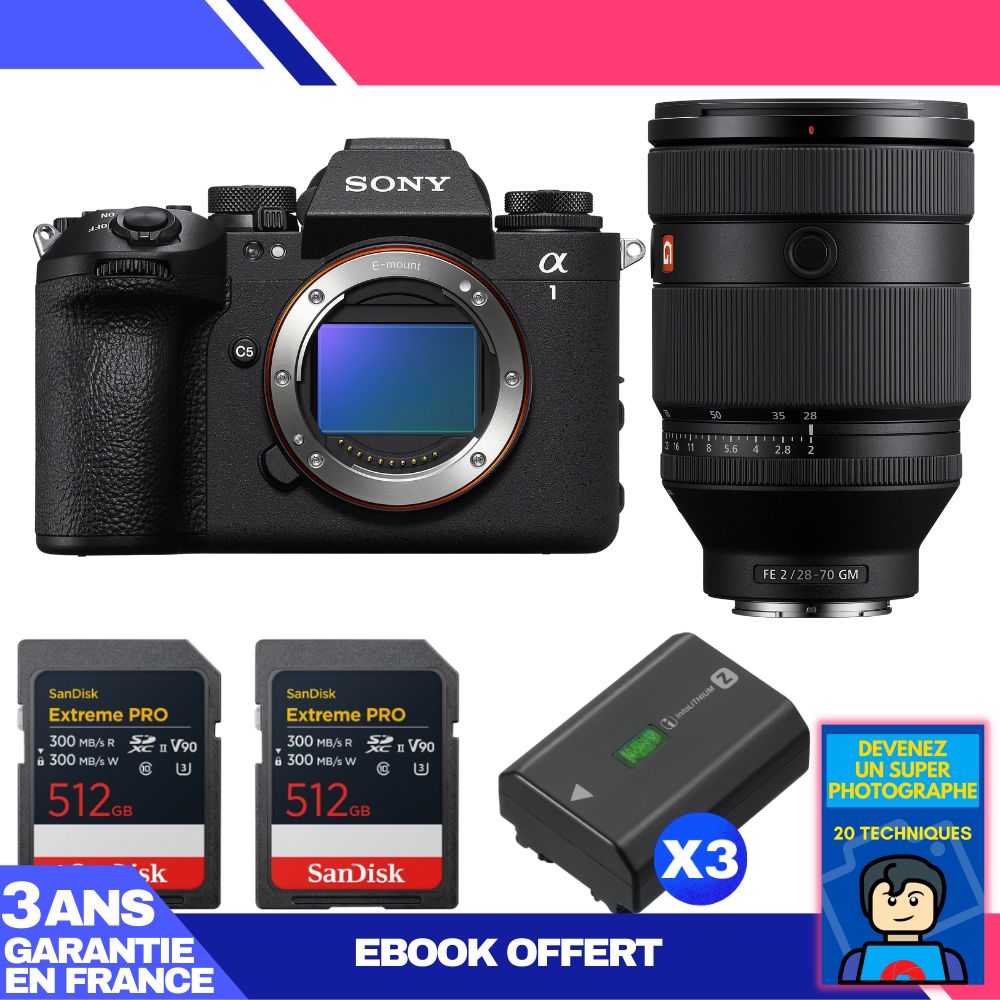 Boitier Sony alpha 1 II + FE 28 70mm f2 GM + 2 SanDisk Extreme PRO UHS II SDXC + 3 Sony NP FZ100 + Ebook 'Devenez Un Super Photographe - vue 2