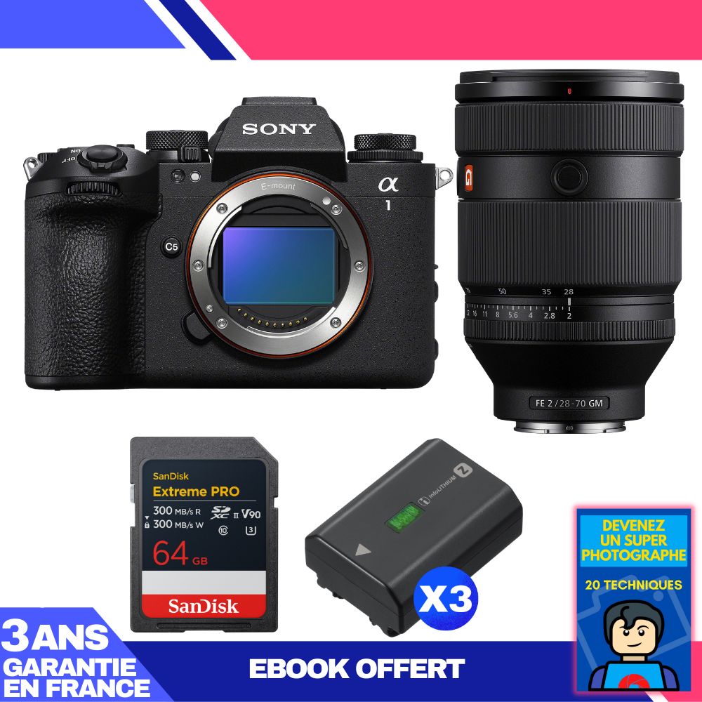 Boitier Sony alpha 1 II + FE 28 70mm f2 GM + 1 SanDisk Extreme PRO UHS II SDXC + 3 Sony NP FZ100 + Ebook 'Devenez Un Super Photographe - vue 3