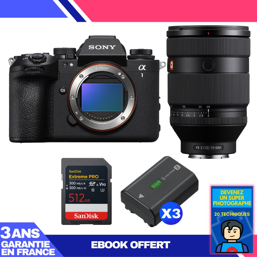 Boitier Sony alpha 1 II + FE 28 70mm f2 GM + 1 SanDisk Extreme PRO UHS II SDXC + 3 Sony NP FZ100 + Ebook 'Devenez Un Super Photographe - vue 2