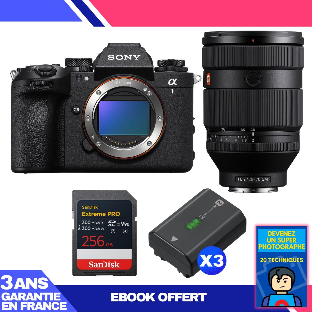 Boitier Sony alpha 1 II + FE 28 70mm f2 GM + 1 SanDisk Extreme PRO UHS II SDXC + 3 Sony NP FZ100 + Ebook 'Devenez Un Super Photographe