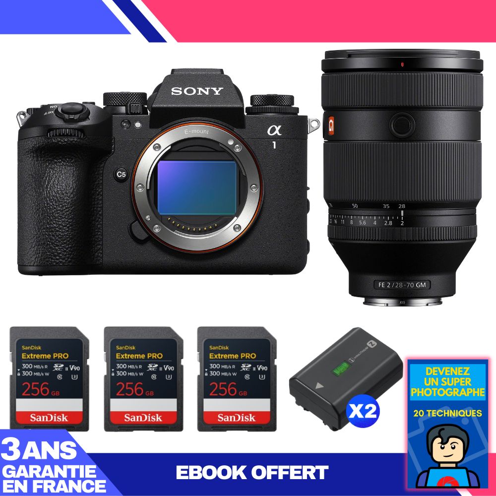Boitier Sony alpha 1 II + FE 28 70mm f2 GM + 3 SanDisk Extreme PRO UHS II SDXC + 2 Sony NP FZ100 + Ebook 'Devenez Un Super Photographe - vue 3