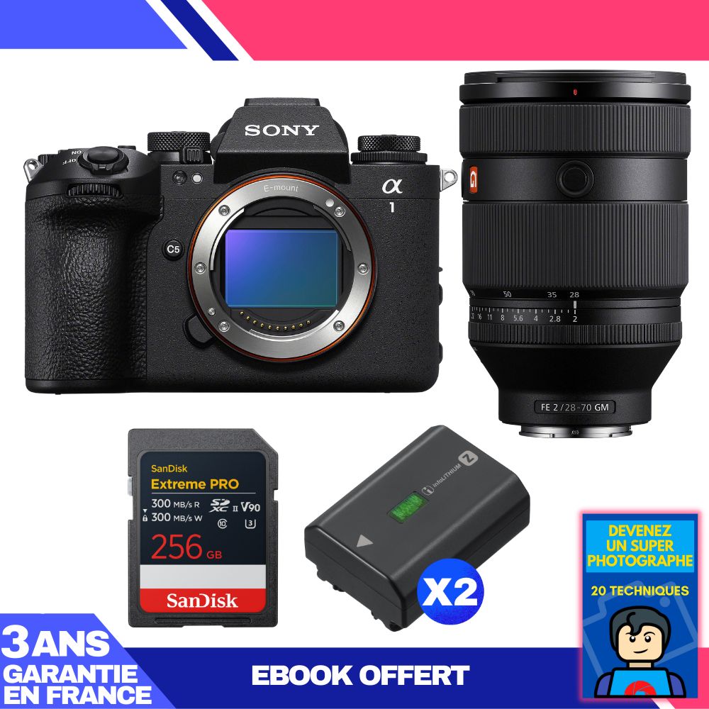 Boitier Sony alpha 1 II + FE 28 70mm f2 GM + 1 SanDisk Extreme PRO UHS II SDXC + 2 Sony NP FZ100 + Ebook 'Devenez Un Super Photographe