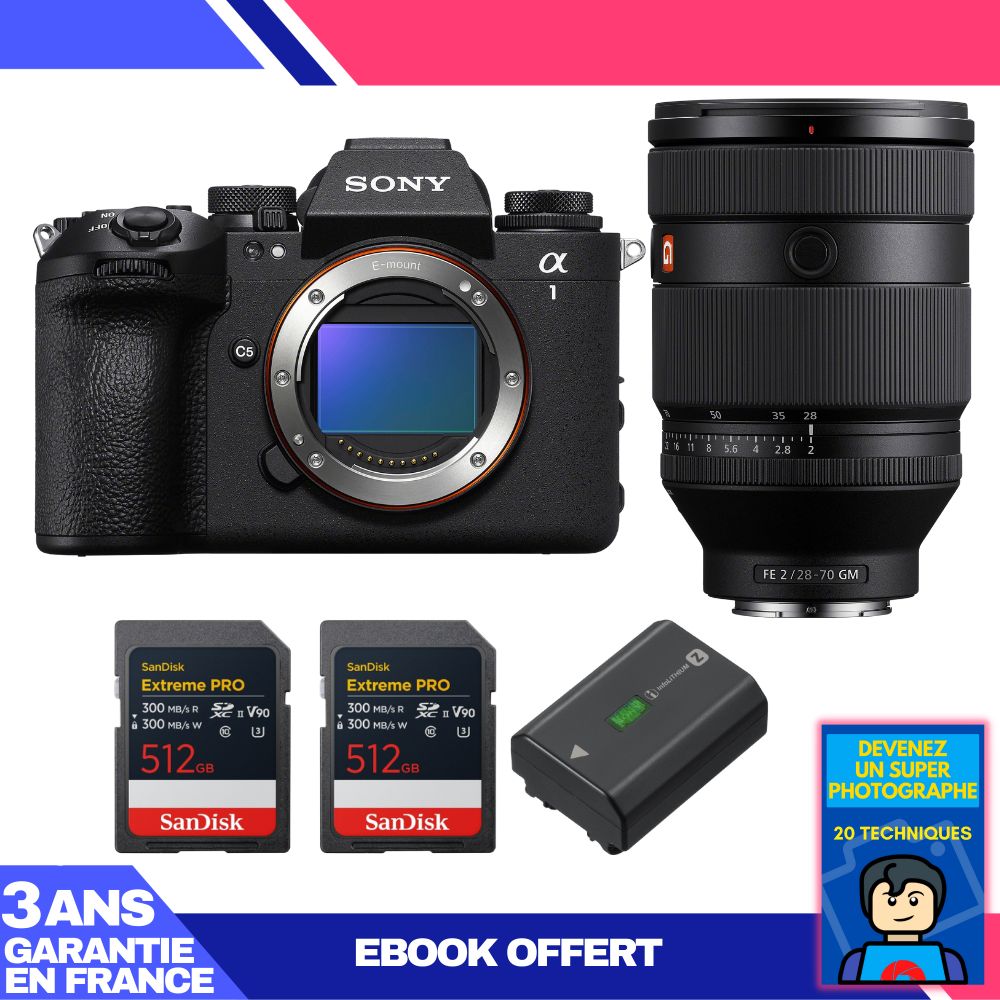 Boitier Sony alpha 1 II + FE 28 70mm f2 GM + 2 SanDisk Extreme PRO UHS II SDXC + Sony NP FZ100 + Ebook 'Devenez Un Super Photographe - vue 2