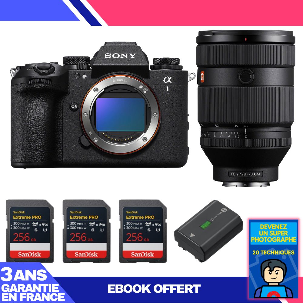 Boitier Sony alpha 1 II + FE 28 70mm f2 GM + 3 SanDisk Extreme PRO UHS II SDXC + Sony NP FZ100 + Ebook 'Devenez Un Super Photographe - vue 2
