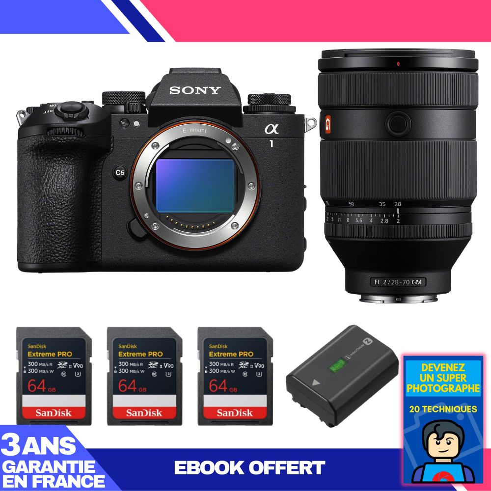 Boitier Sony alpha 1 II + FE 28 70mm f2 GM + 3 SanDisk Extreme PRO UHS II SDXC + Sony NP FZ100 + Ebook 'Devenez Un Super Photographe