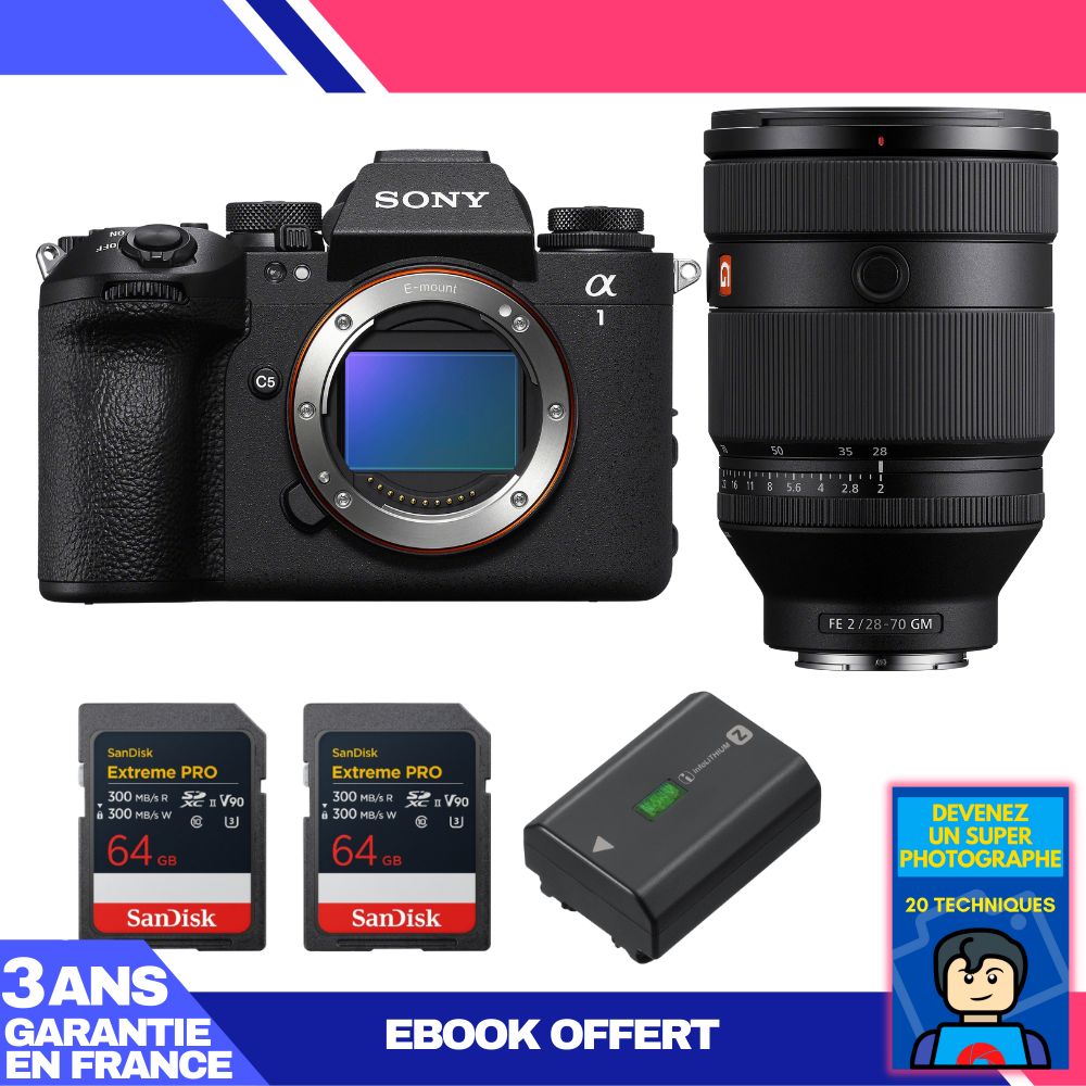 Boitier Sony alpha 1 II + FE 28 70mm f2 GM + 2 SanDisk Extreme PRO UHS II SDXC + Sony NP FZ100 + Ebook 'Devenez Un Super Photographe