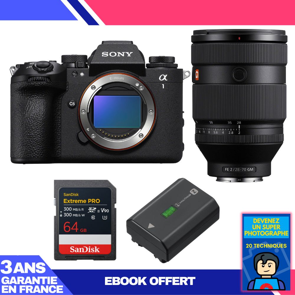 Boitier Sony alpha 1 II + FE 28 70mm f2 GM + 1 SanDisk Extreme PRO UHS II SDXC + Sony NP FZ100 + Ebook 'Devenez Un Super Photographe