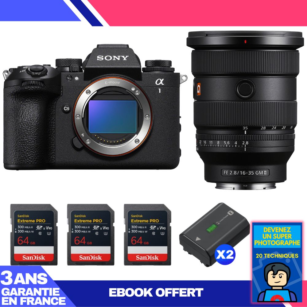 Boitier Sony alpha 1 II + FE 16 35mm f2.8 GM II + 3 SanDisk Extreme PRO UHS II SDXC + 2 Sony NP FZ100 + Ebook 'Devenez Un Super Photographe - vue 2