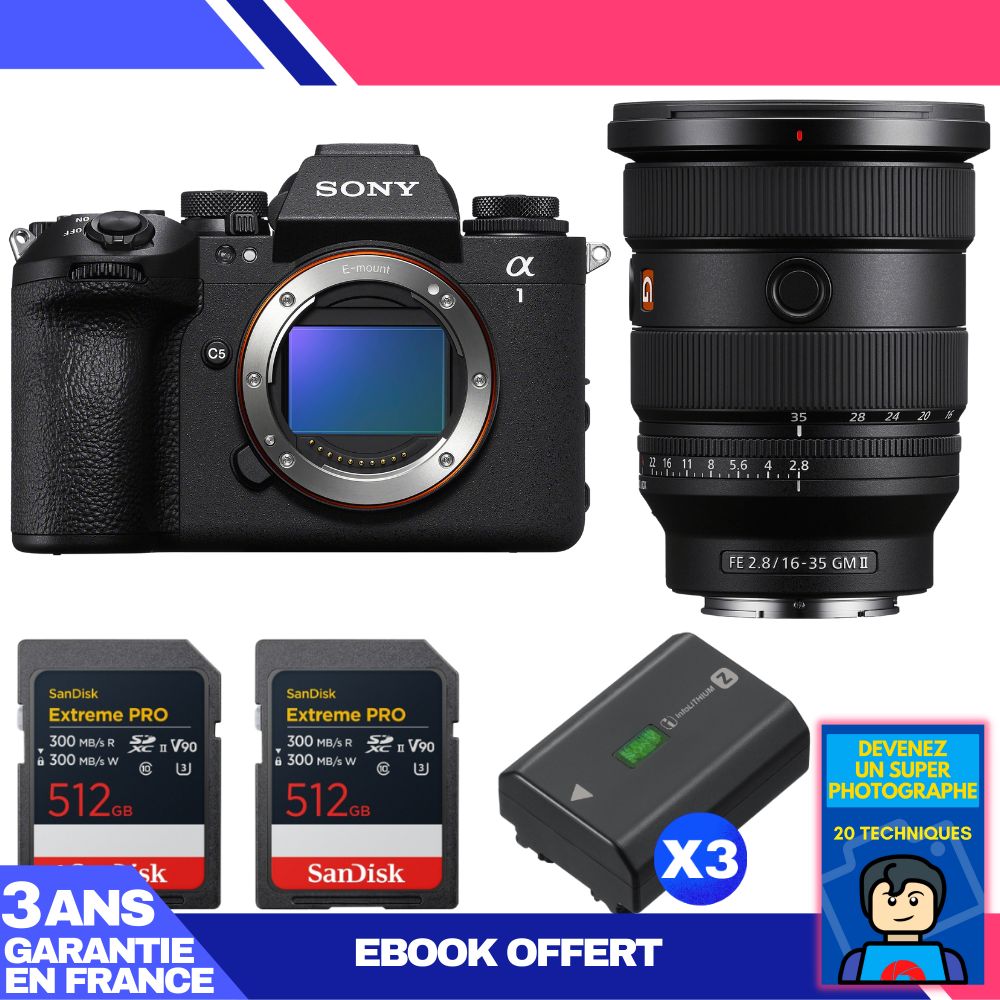 Boitier Sony alpha 1 II + FE 16 35mm f2.8 GM II + 2 SanDisk Extreme PRO UHS II SDXC + 3 Sony NP FZ100 + Ebook 'Devenez Un Super Photographe - vue 2