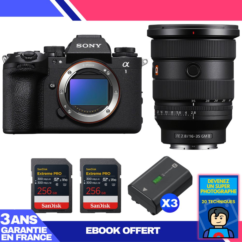 Boitier Sony alpha 1 II + FE 16 35mm f2.8 GM II + 2 SanDisk Extreme PRO UHS II SDXC + 3 Sony NP FZ100 + Ebook 'Devenez Un Super Photographe - vue 3
