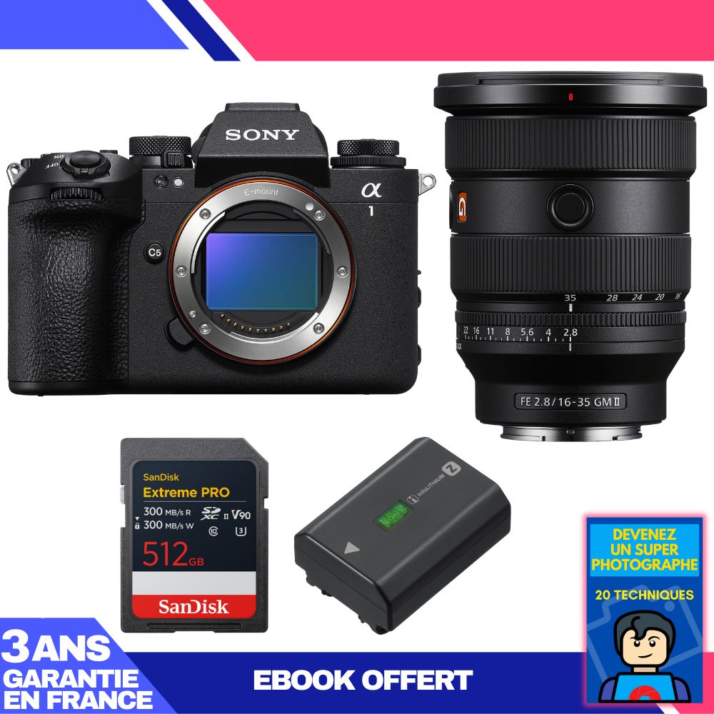 Boitier Sony alpha 1 II + FE 16 35mm f2.8 GM II + 1 SanDisk Extreme PRO UHS II SDXC + Sony NP FZ100 + Ebook 'Devenez Un Super Photographe - vue 3