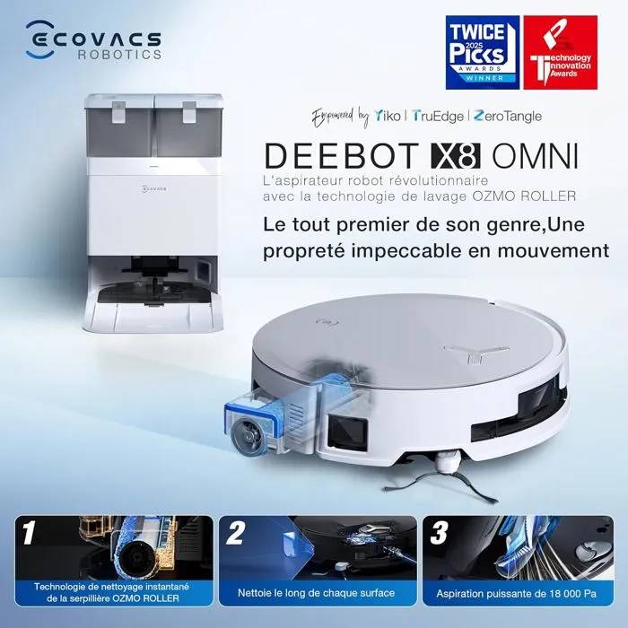 ECOVACS DEEBOT X8 OMNI Robot Aspirateur 18¿000 Pa, Lavage OZMO ROLLER, Auto-nettoyage, Eau chaude 75°C, Séchage à air chaud