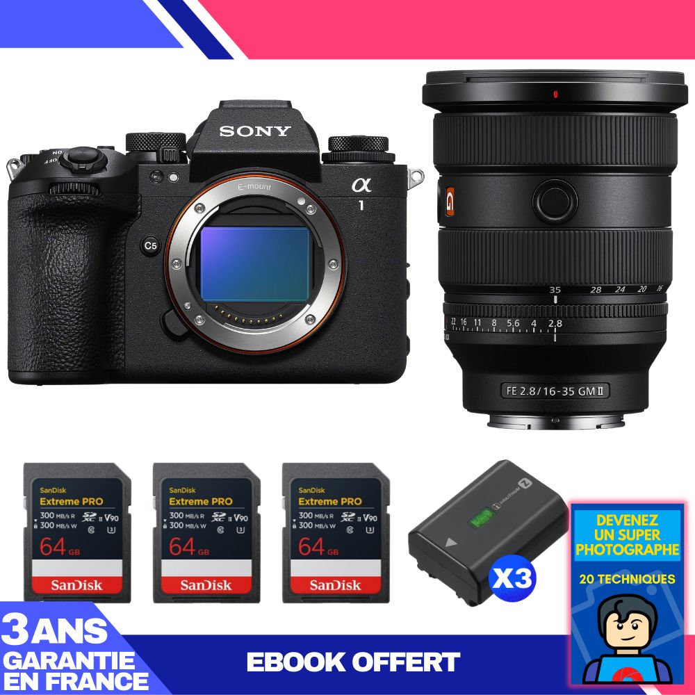 Boitier Sony alpha 1 II + FE 16 35mm f2.8 GM II + 3 SanDisk Extreme PRO UHS II SDXC + 3 Sony NP FZ100 + Ebook 'Devenez Un Super Photographe