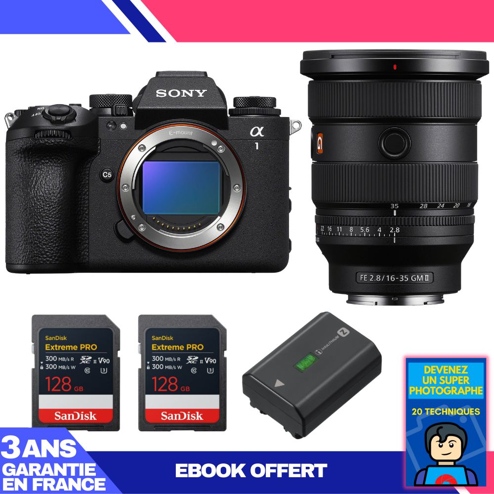 Boitier Sony alpha 1 II + FE 16 35mm f2.8 GM II + 2 SanDisk Extreme PRO UHS II SDXC + Sony NP FZ100 + Ebook 'Devenez Un Super Photographe - vue 2
