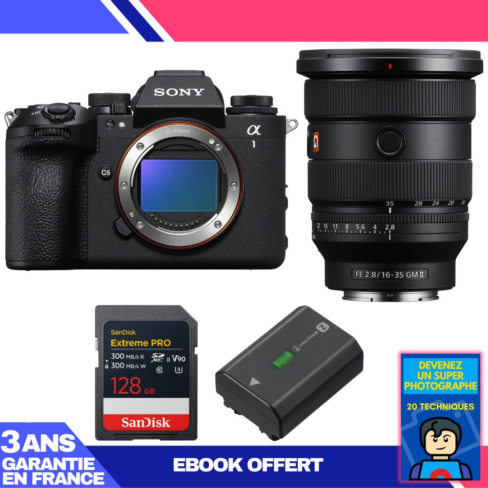 Boitier Sony alpha 1 II + FE 16 35mm f2.8 GM II + 1 SanDisk Extreme PRO UHS II SDXC + Sony NP FZ100 + Ebook 'Devenez Un Super Photographe