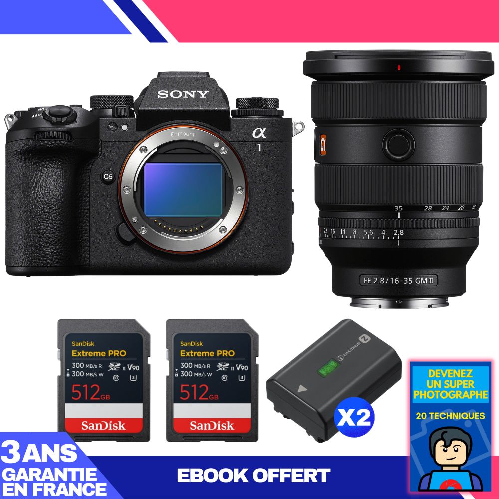 Boitier Sony alpha 1 II + FE 16 35mm f2.8 GM II + 2 SanDisk Extreme PRO UHS II SDXC + 2 Sony NP FZ100 + Ebook 'Devenez Un Super Photographe - vue 2